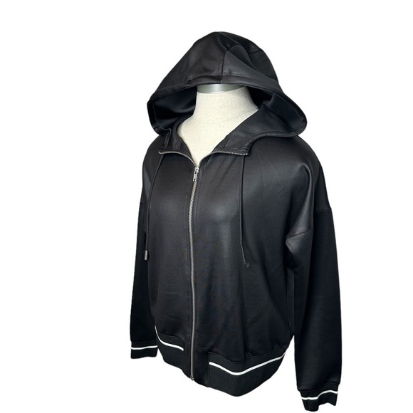 H&M Black White Striped Trim Hooded Long Sleeve Zip Up Athleisure Jacket XS - Picture 6 of 14